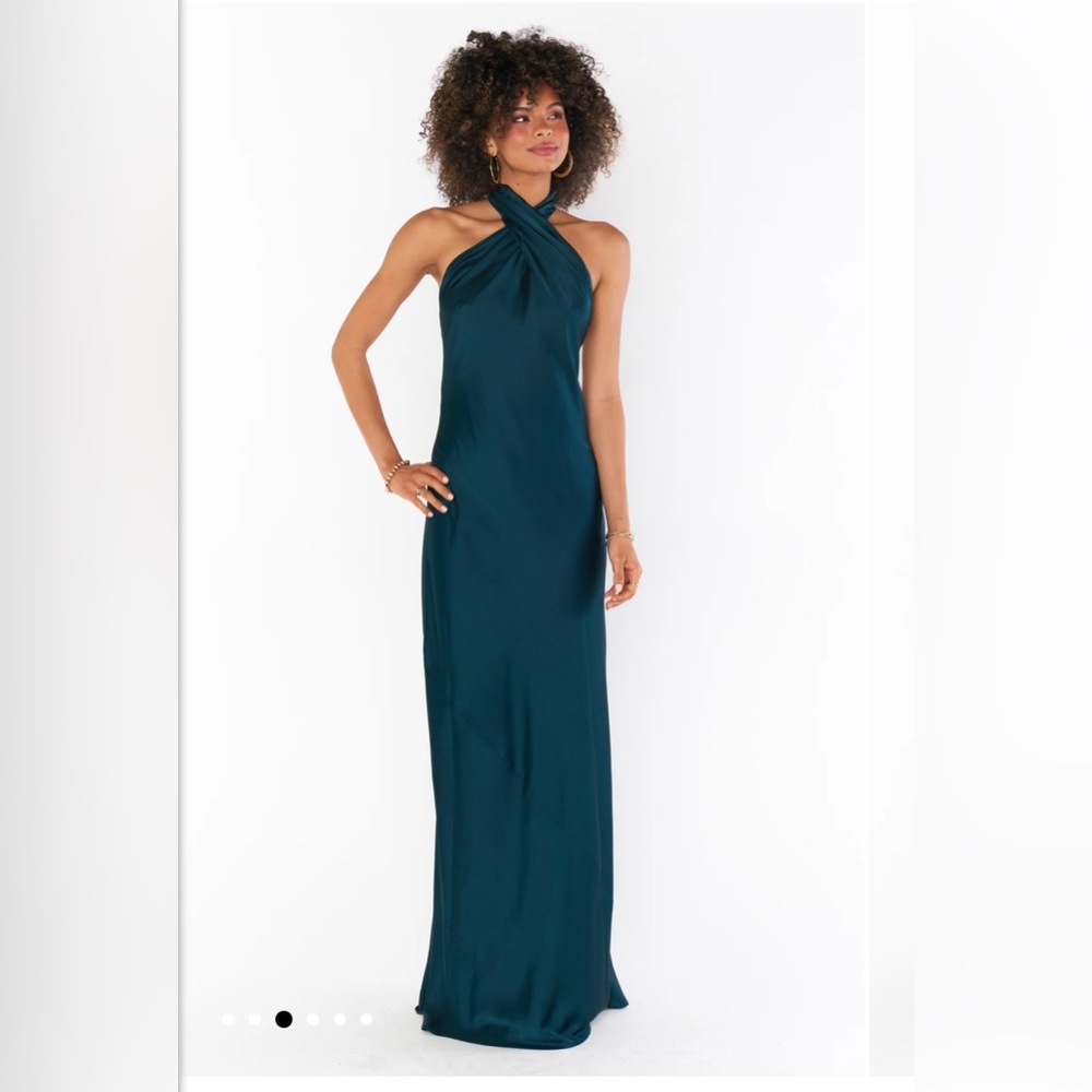 Show Me Your Mumu Deep Emerald Luxe Satin Jasmine Halter Maxi Dress WITH SLIT